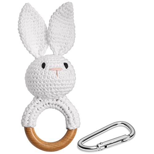 Crochet Bunny Rattle & Wooden Ring Teether with Diaper Bag Clip