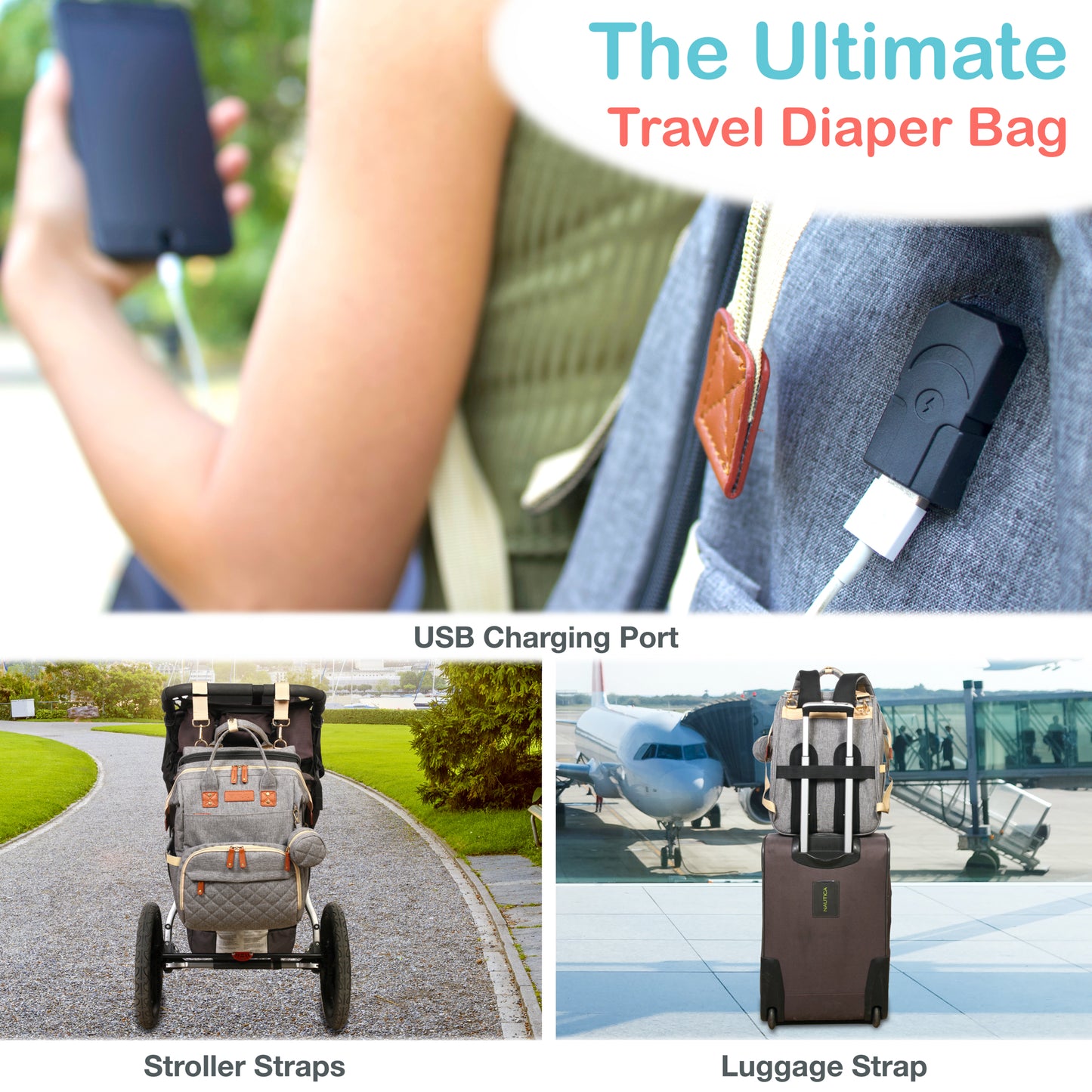 The Ultimate Travel Diaper Bag - USB Charging Port, Stroller Straps & Luggage Strap