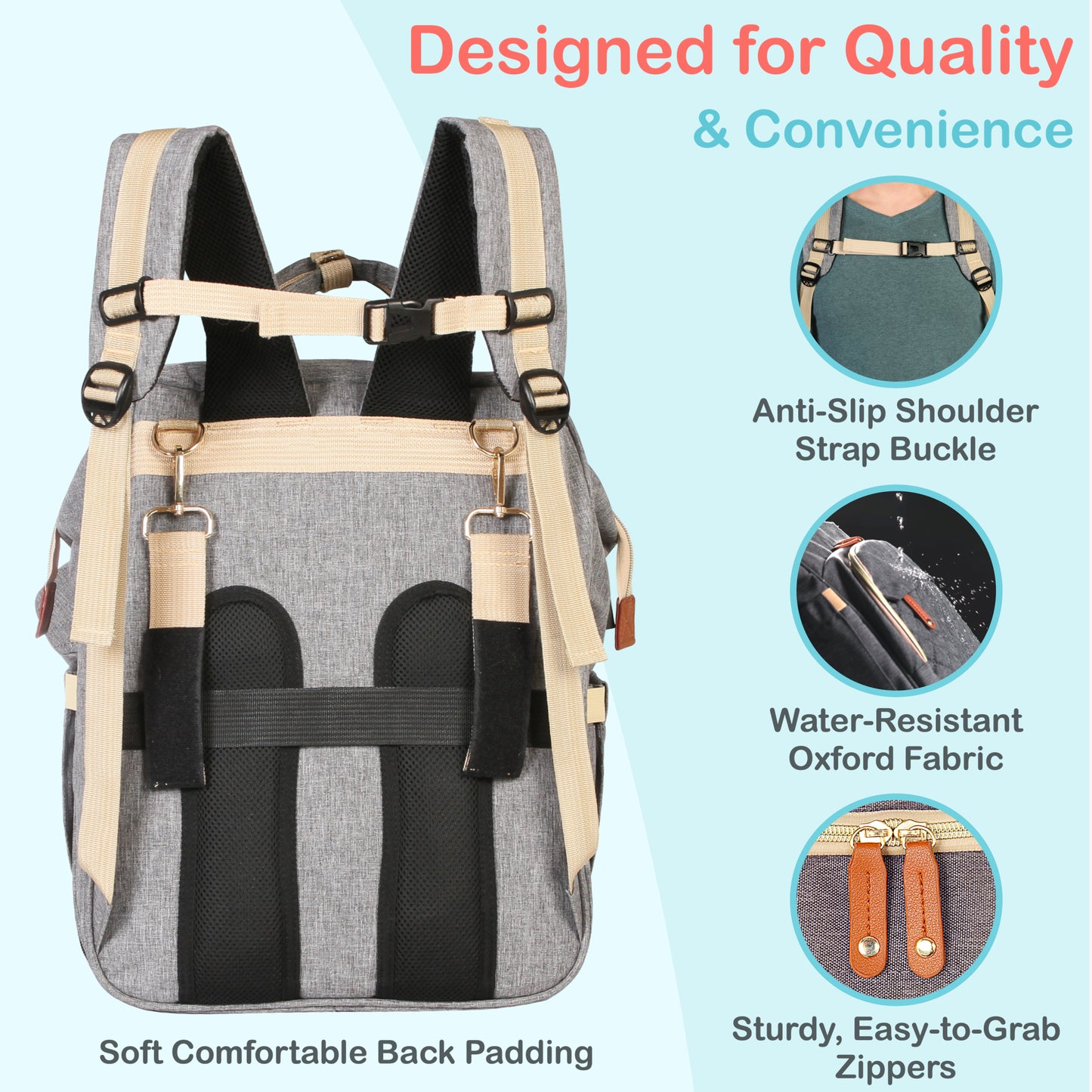Designed for Quality & Convenience - Anti-slip Shoulder Strap Buckles, Water Resistant Oxford Fabric & Easy-to-Grab Leather Zipper Handles