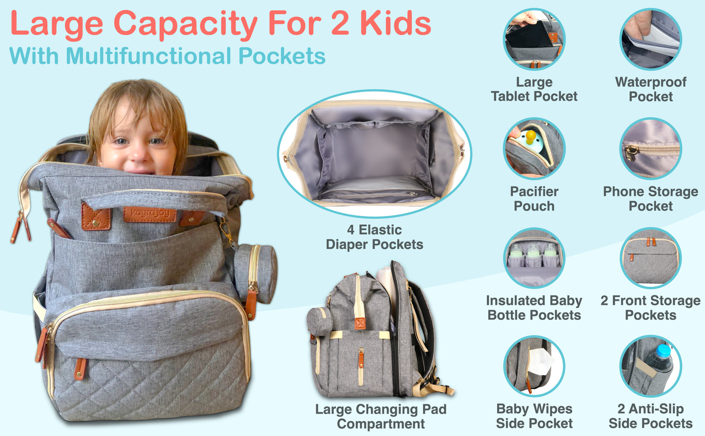 Large Capacity Diaper Bag for 2 Kids with Multifunctional Pockets
